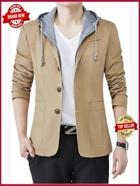 Slim Hooded Blazer Jacket Single Breasted Elbow Patch Cotton Coat